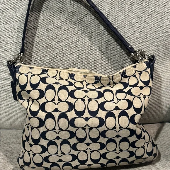 Coach Canvas Shoulder Bag in Navy and Beige - Picture 3 of 10